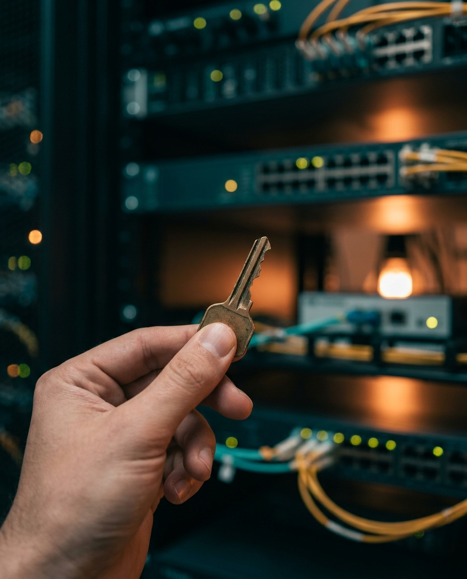 O mână care ține o cheie metalică în fața unor servere de rețea, înconjurate de cabluri și lumini intermitente, sugerând securitatea datelor sau controlul accesului într-o cameră de servere.