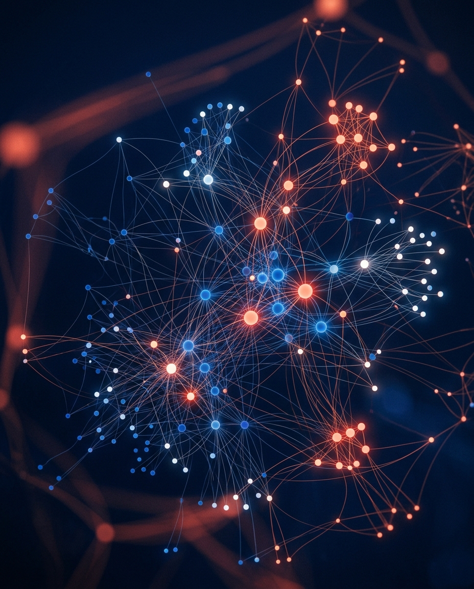 O ilustrație digitală a unei rețele neuronale cu noduri interconectate în albastru și roșu, care formează o rețea complexă pe un fundal întunecat, simbolizând datele, tehnologia și inteligența artificială.