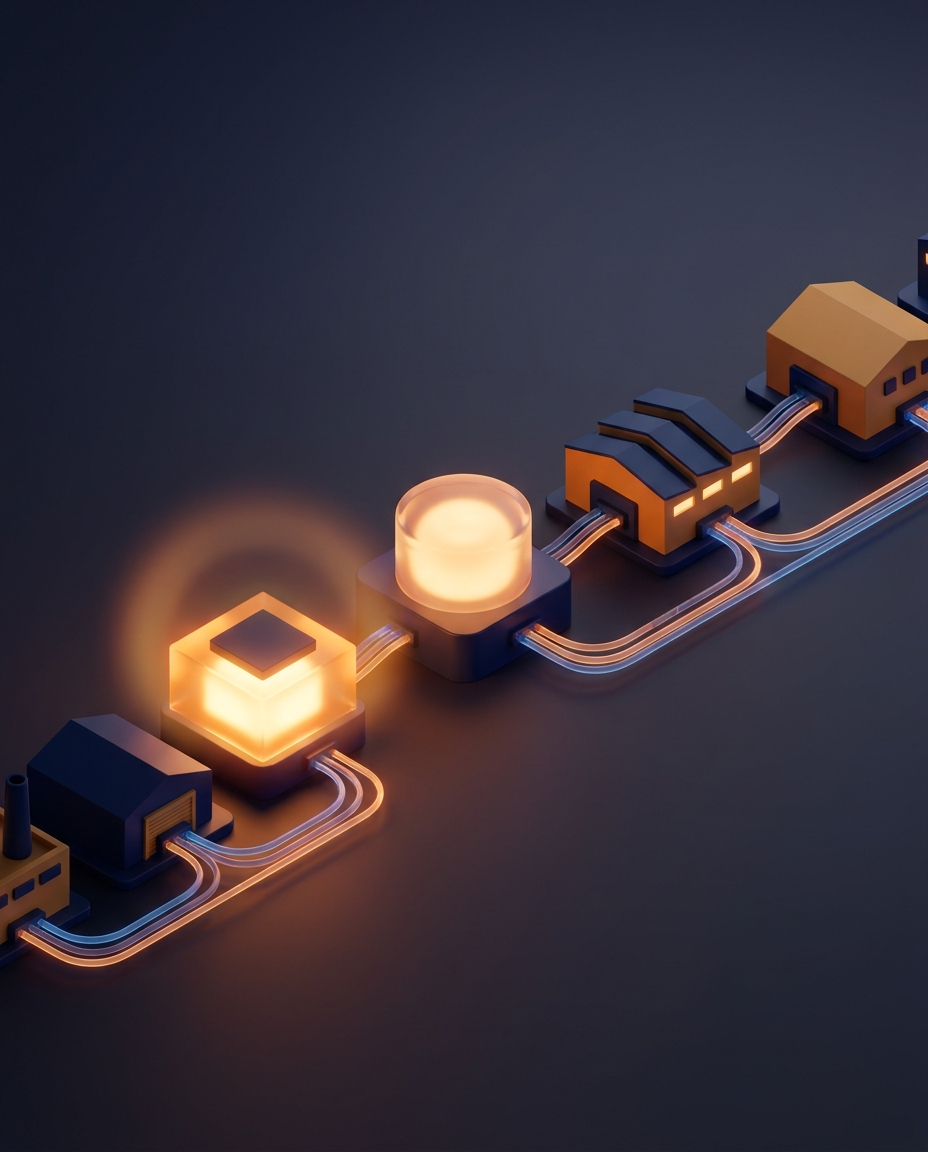 Blocuri industriale izometrice conectate prin conducte de date luminoase spre un nod central