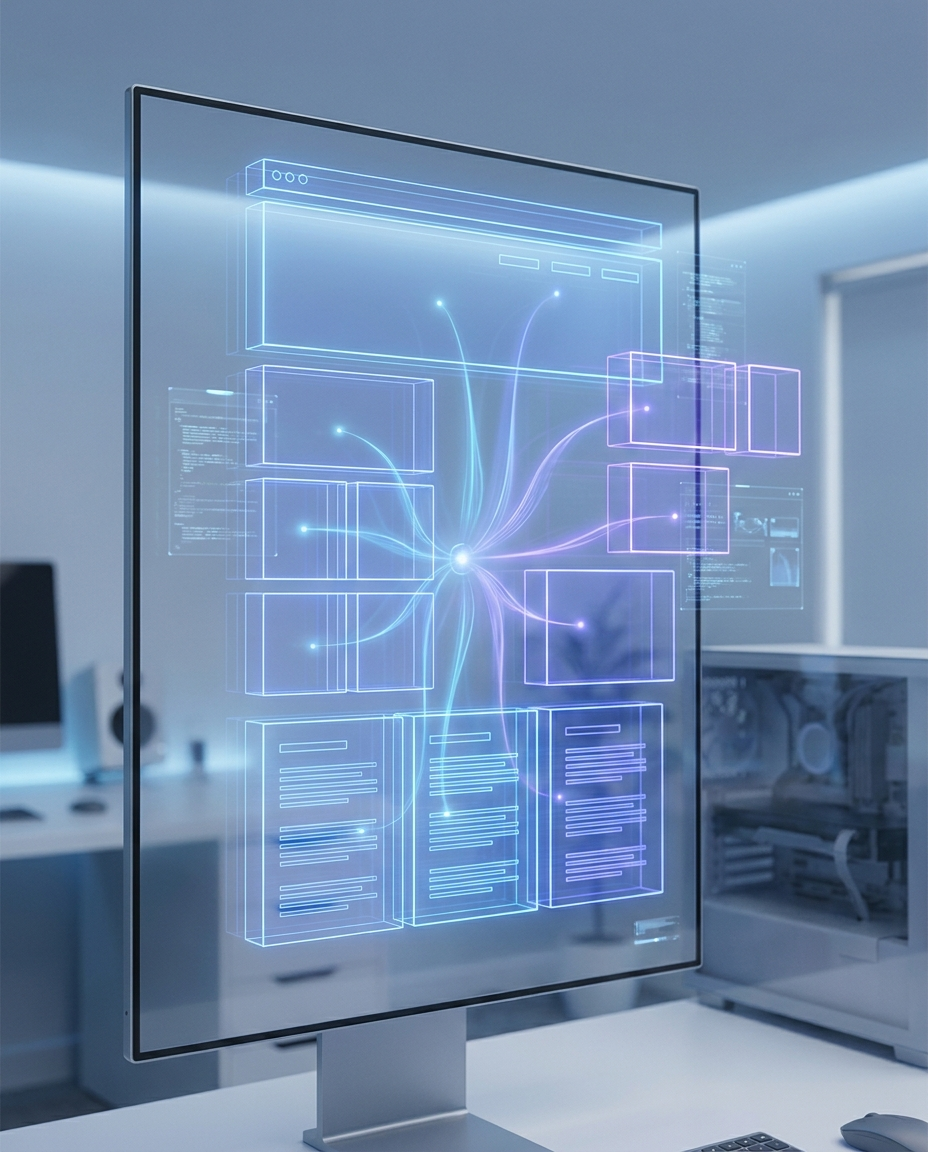 Un ecran de computer transparent afișează o interfață de rețea de date strălucitoare și futuristă, cu noduri interconectate și panouri digitale, într-un decor de birou modern.