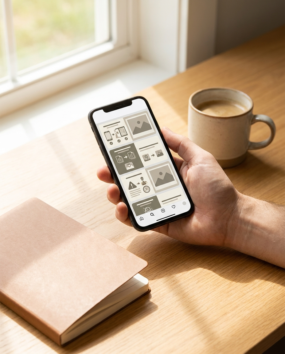 O persoană ține în mână un smartphone pe care se afișează o aplicație de galerie, stând la un birou din lemn pe care se află un caiet închis și o ceașcă de cafea, lângă o fereastră însorită.
