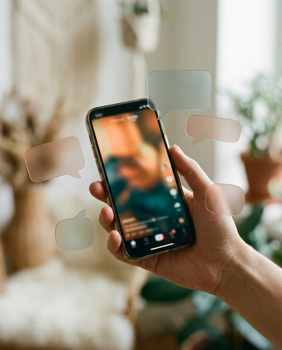 Mână care ține un telefon cu un flux vertical de conținut și bule de dialog translucide