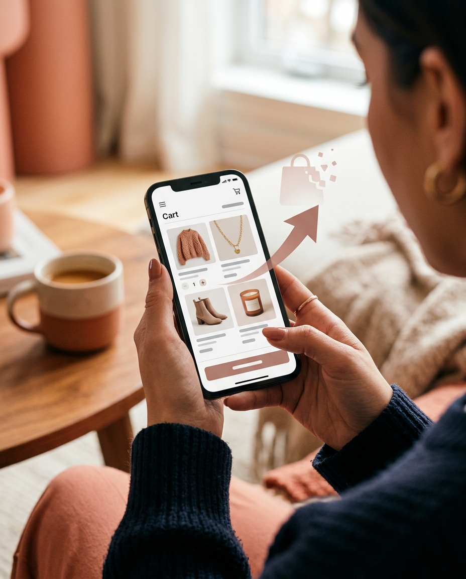 O persoană care ține în mână un smartphone face cumpărături online de haine și accesorii, iar în coșul de cumpărături se văd articole precum un pulover, un colier, cizme și o lumânare. Pe o masă de lemn din apropiere se află o cană de cafea.