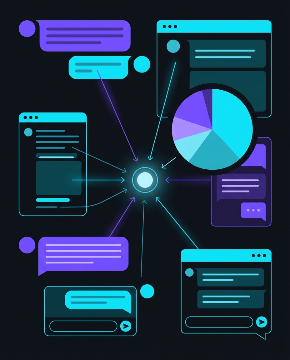 O ilustrație digitală reprezentând baloane de mesaj interconectate, ferestre de browser web și un grafic circular, toate legate prin săgeți de un nod central luminos, simbolizând integrarea datelor și comunicarea.