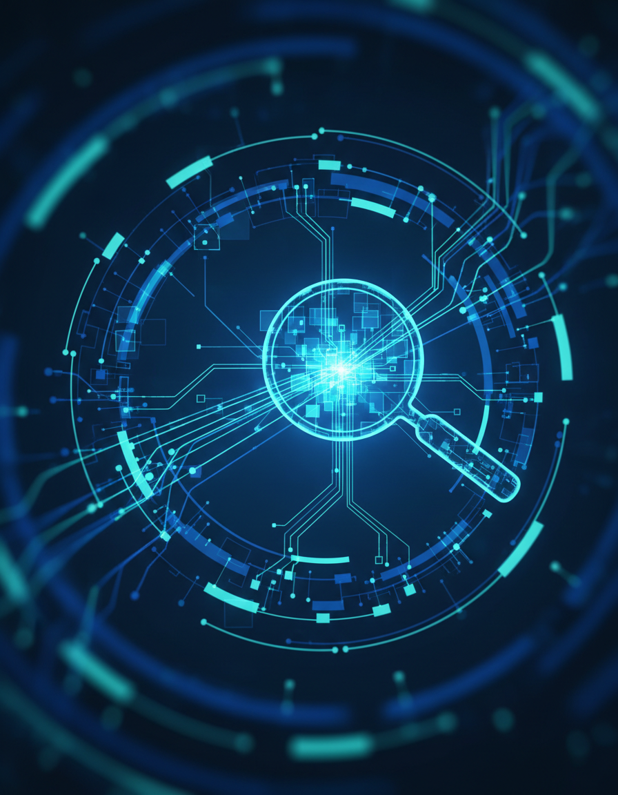 O pictogramă strălucitoare în formă de lupă digitală apare în centrul unei interfețe futuriste, circulare, de culoare albastră, cu modele care seamănă cu circuite și efecte de lumină pe un fundal întunecat.