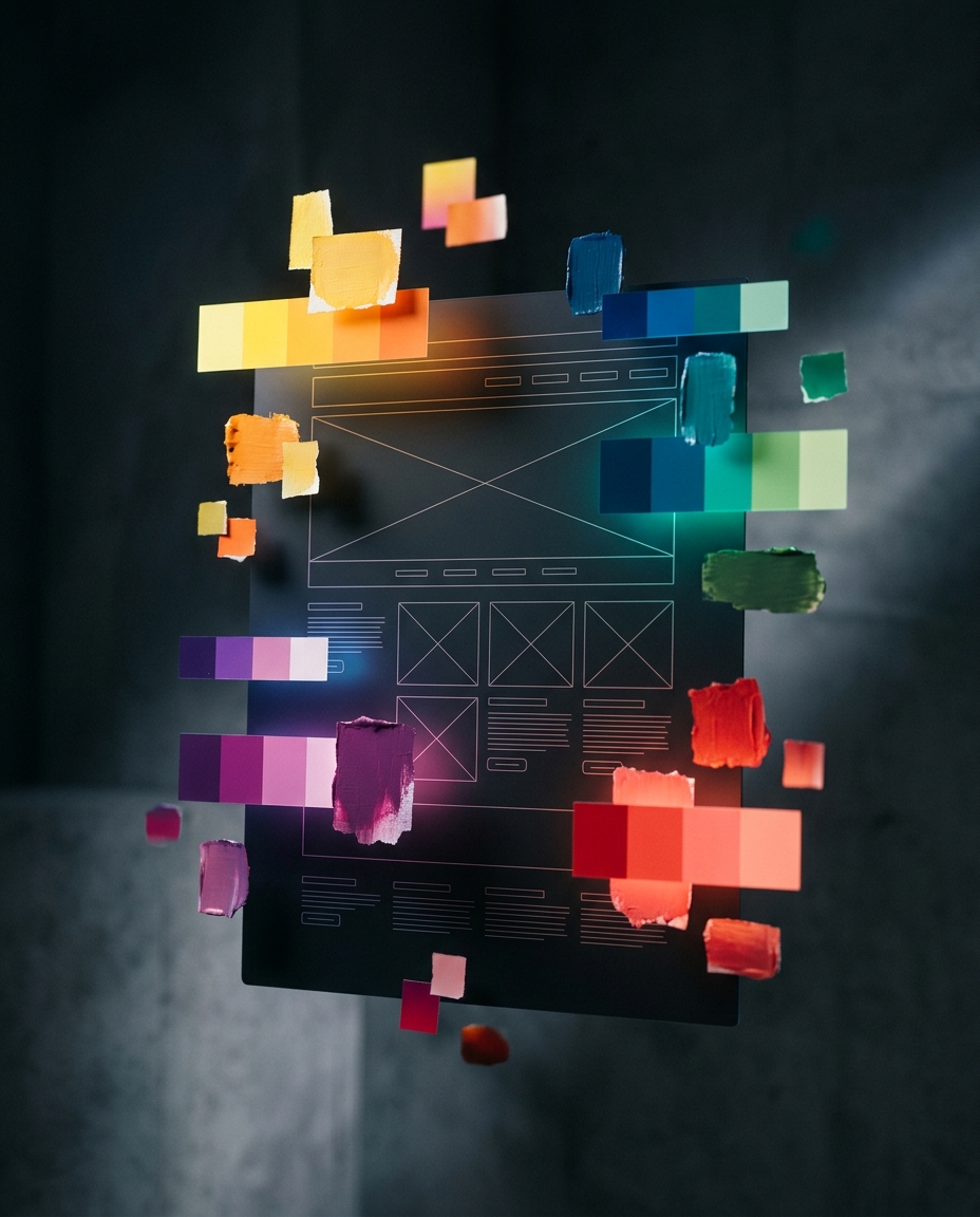 Un wireframe digital al unui site web plutește în aer, înconjurat de mostre de vopsea vibrante și colorate și de pixeli, sugerând creativitate și design web într-un stil modern și abstract.