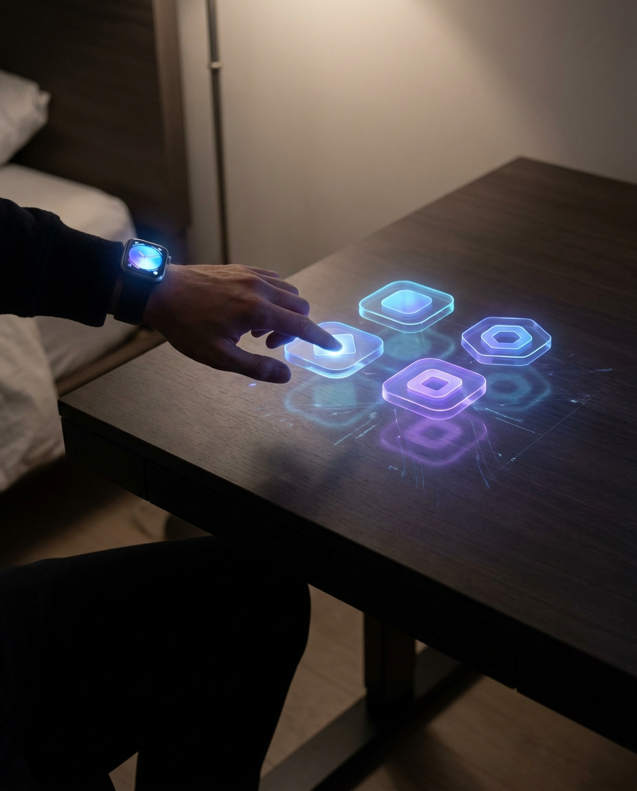 O persoană interacționează cu comenzi holografice luminoase și futuriste, proiectate pe un birou din lemn de culoare închisă, într-o cameră slab iluminată.