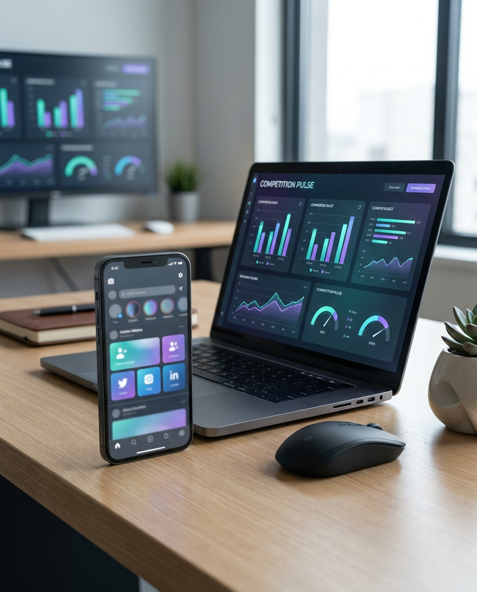 Pe un birou se află un smartphone și un laptop pe care sunt afișate tablouri de bord analitice cu diagrame și grafice colorate; un monitor din fundal afișează date similare. Pe birou se află, de asemenea, un mouse și o mică plantă în ghiveci.