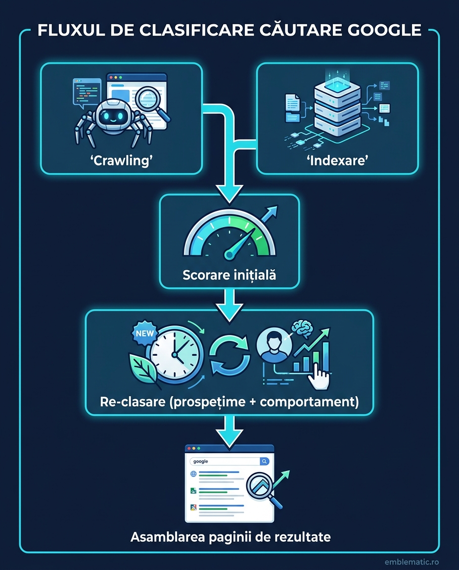 Infografic: fluxul de clasificare in cautarea Google, de la crawling la asamblarea paginii de rezultate