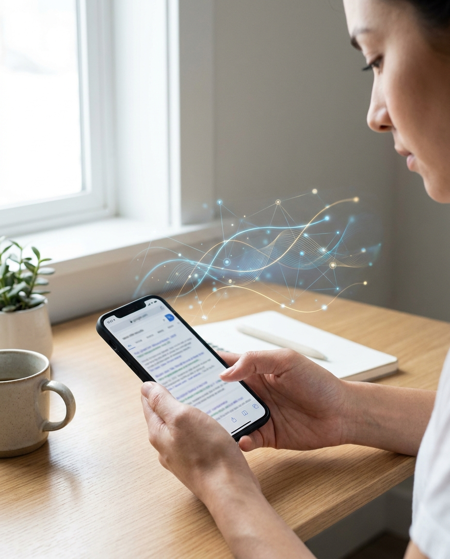 O persoană stă așezată la un birou, ținând în mână un smartphone din care ies unde digitale albastre. Pe biroul din lemn, situat lângă o fereastră, se află și o cană de cafea, o plantă mică și un caiet.