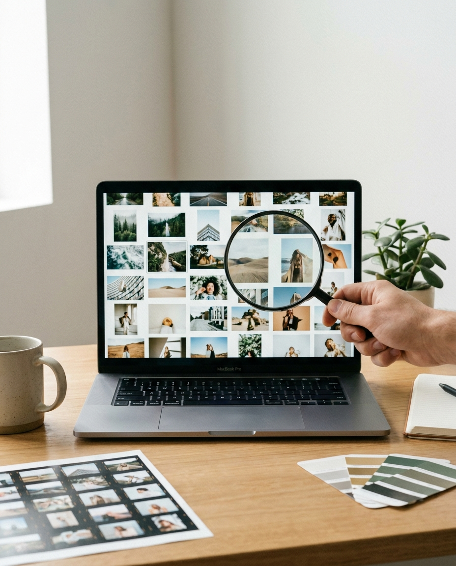 O mână ține o lupă deasupra ecranului unui laptop pe care se afișează o rețea de fotografii, iar pe biroul din lemn se află o cană de cafea, o plantă, o fotografie tipărită și mostre de culori.