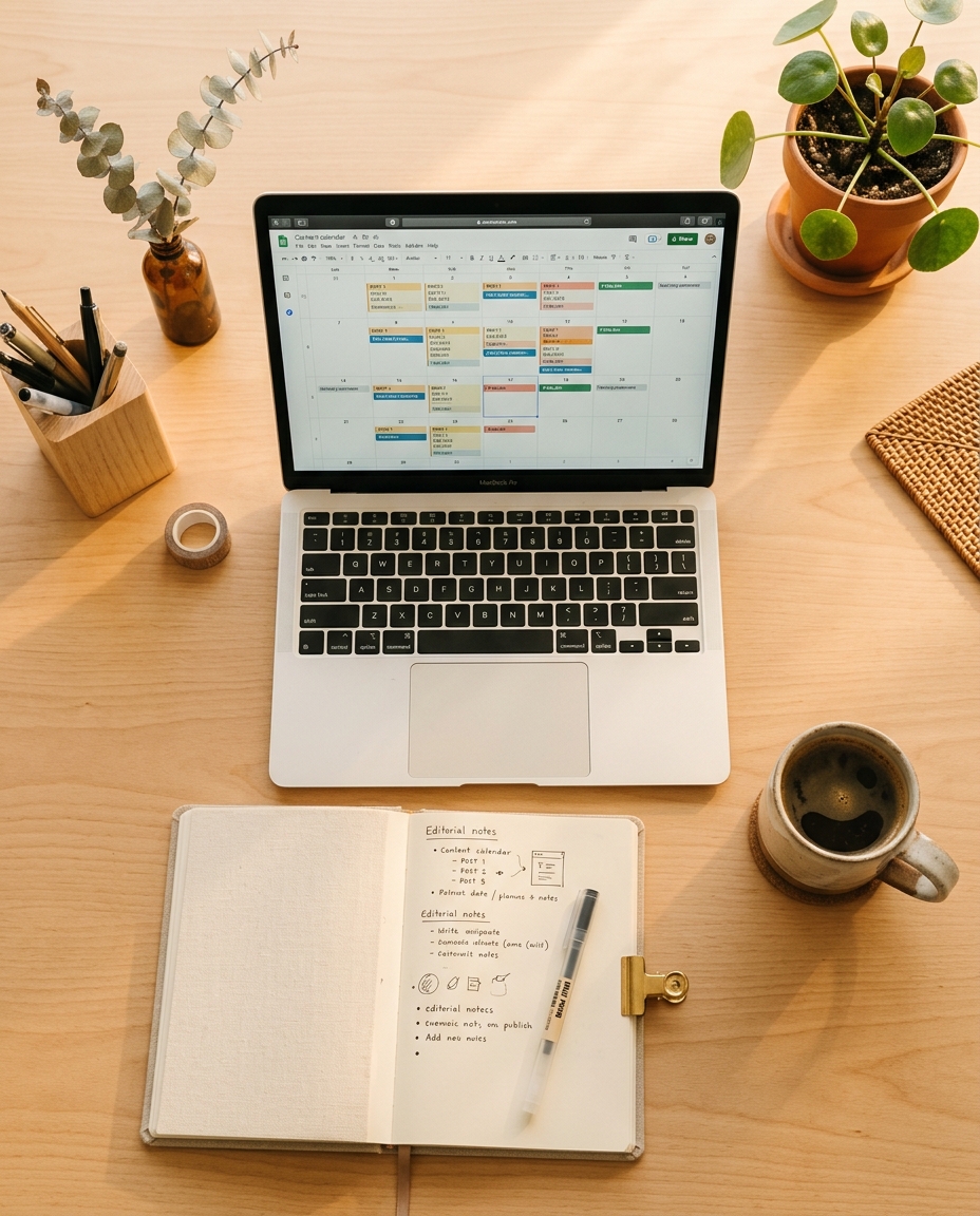 Un laptop pe ecranul căruia se afișează un calendar cu coduri de culori se află pe un birou din lemn, alături de un caiet, un stilou, o ceașcă de cafea, plante în ghivece și un recipient cu stilouri, creând un spațiu de lucru ordonat și organizat.