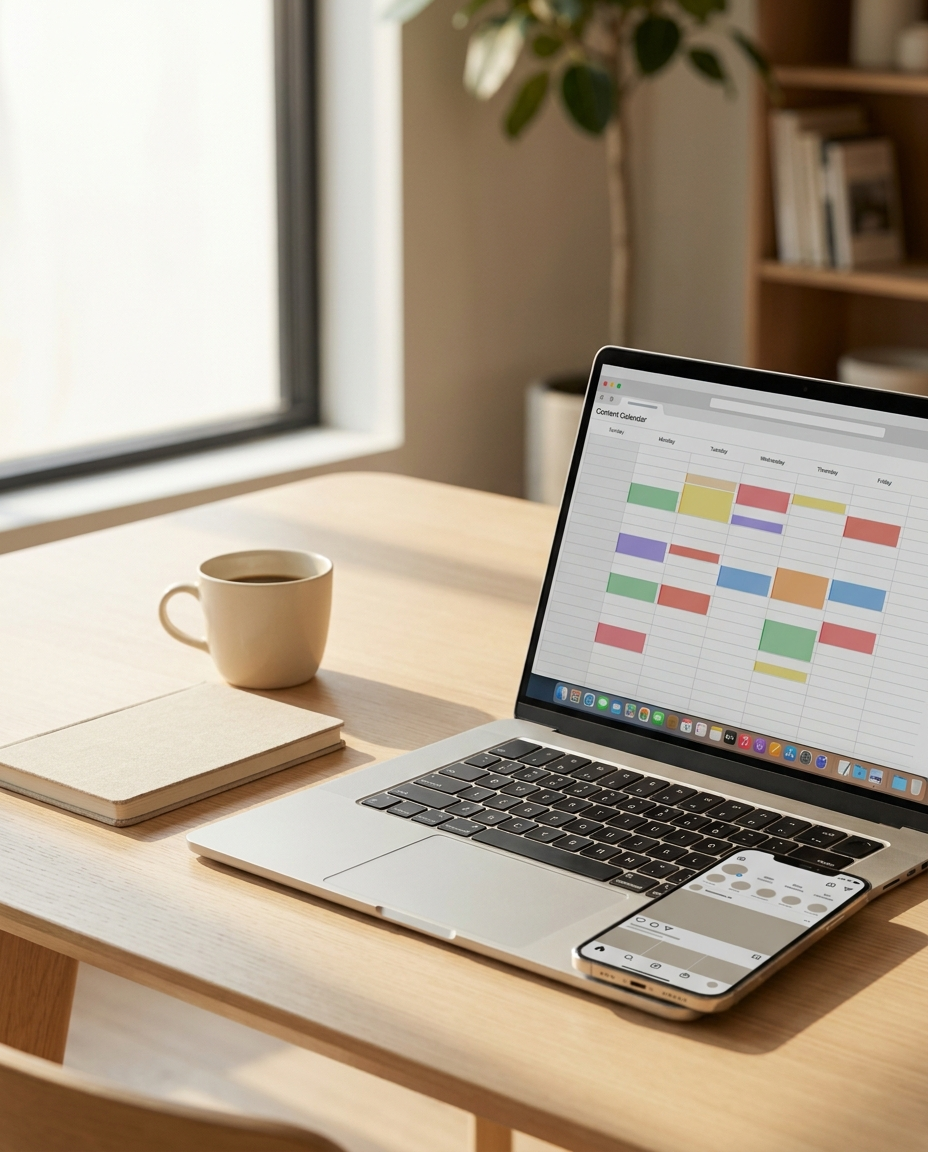 Pe un birou din lemn se află un laptop pe ecranul căruia se vede un calendar săptămânal plin de culori, alături de un smartphone, un caiet închis și o ceașcă de cafea. În fundal se disting o plantă și un raft cu cărți.