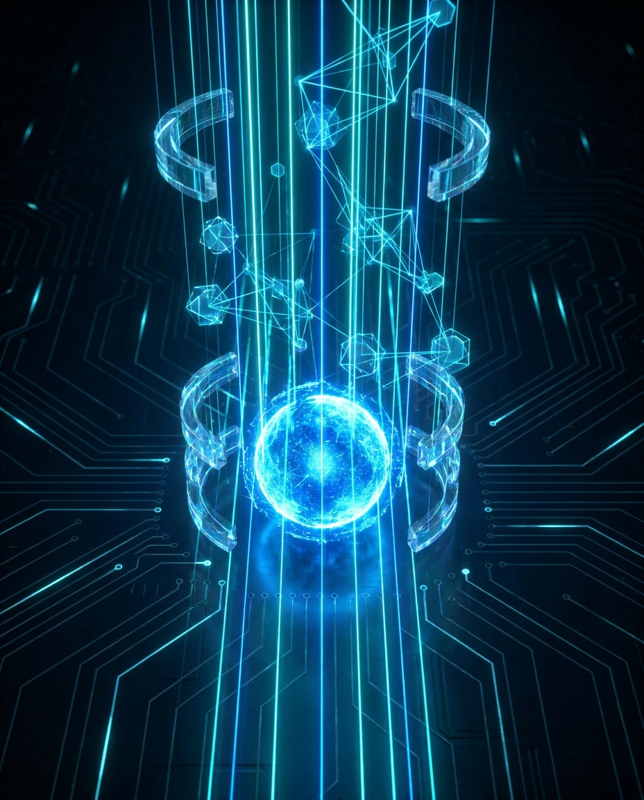 O sferă albastră strălucitoare emite raze digitale și forme geometrice pe o suprafață întunecată, asemănătoare unui circuit, simbolizând tehnologia avansată sau inteligența artificială.