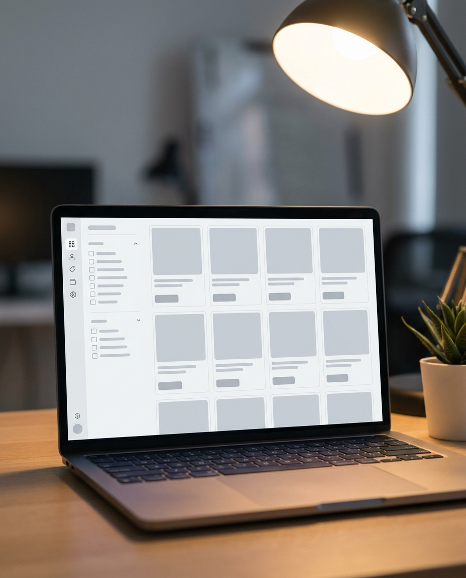 Un laptop așezat pe un birou din lemn afișează un șablon de site web cu structură în grilă, sub lumina unei lămpi de birou, iar lângă el se află o mică plantă în ghiveci.