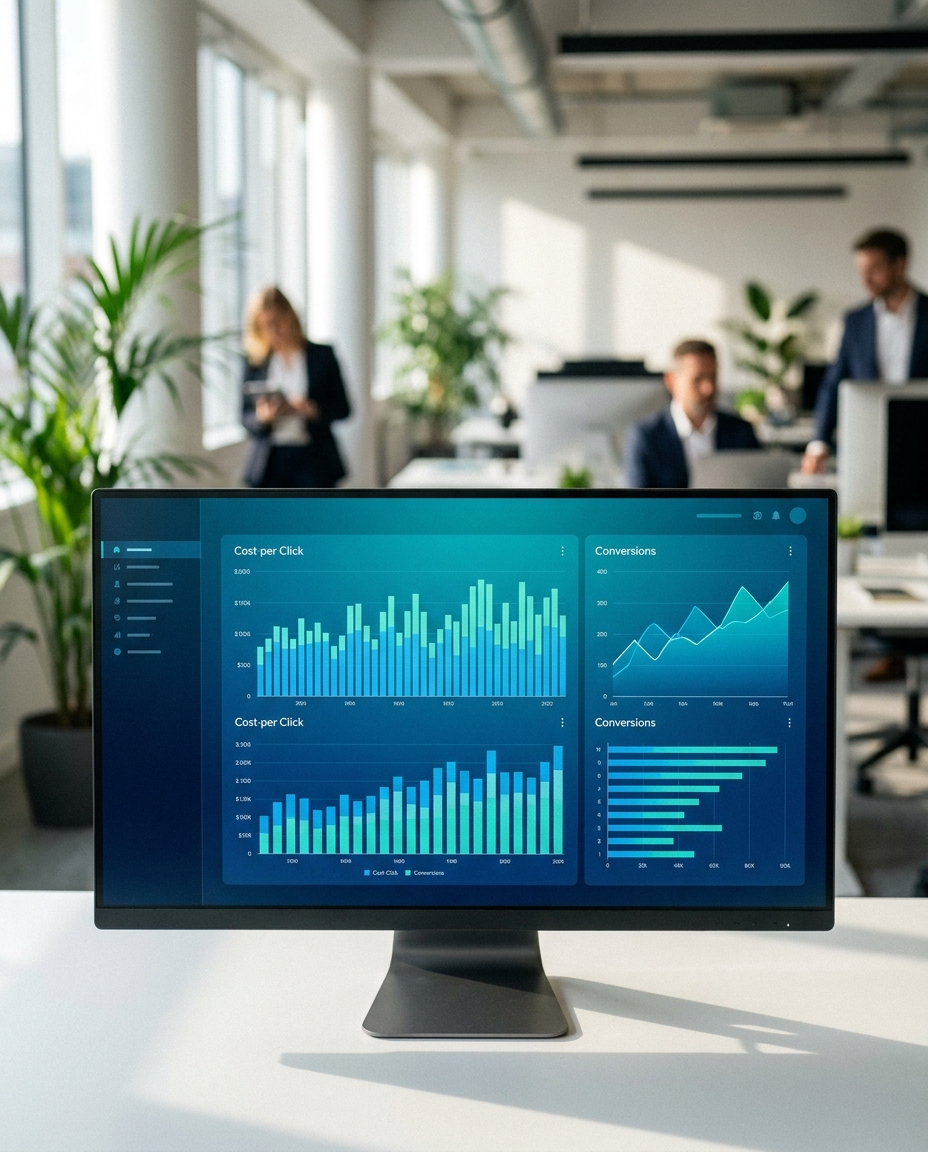 Un monitor de computer afișează tabele și grafice cu date într-un birou luminos și modern, cu oameni care lucrează în fundal și plante verzi lângă ferestre.