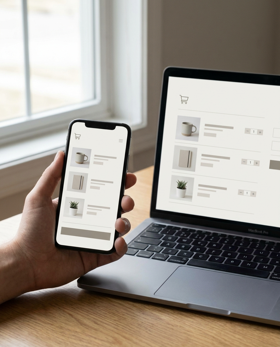 O persoană ține în mână un smartphone pe care se vede un magazin online cu articole de decor pentru casă, în timp ce pe un birou din lemn se află un laptop pe care este afișată aceeași interfață a magazinului. În fundal se vede o fereastră.