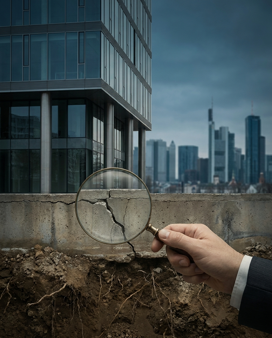 O mână ține o lupă deasupra unei crăpături dintr-un zid de beton, lângă o clădire modernă, cu silueta orașului în fundal.