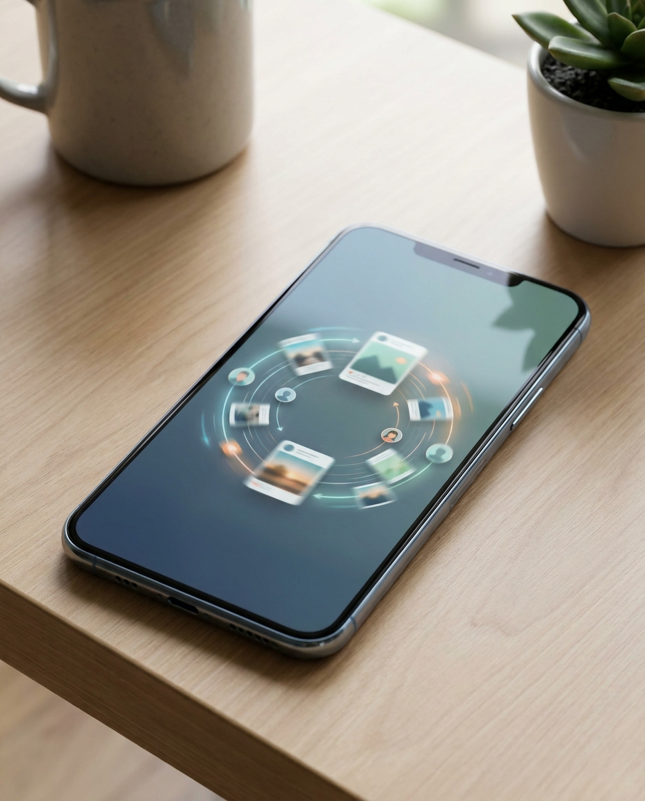 Un smartphone așezat pe un birou din lemn afișează o interfață digitală cu miniaturi de fotografii plutitoare, dispuse în formă circulară. În apropiere se află o cană de cafea și o mică plantă suculentă în ghiveci.