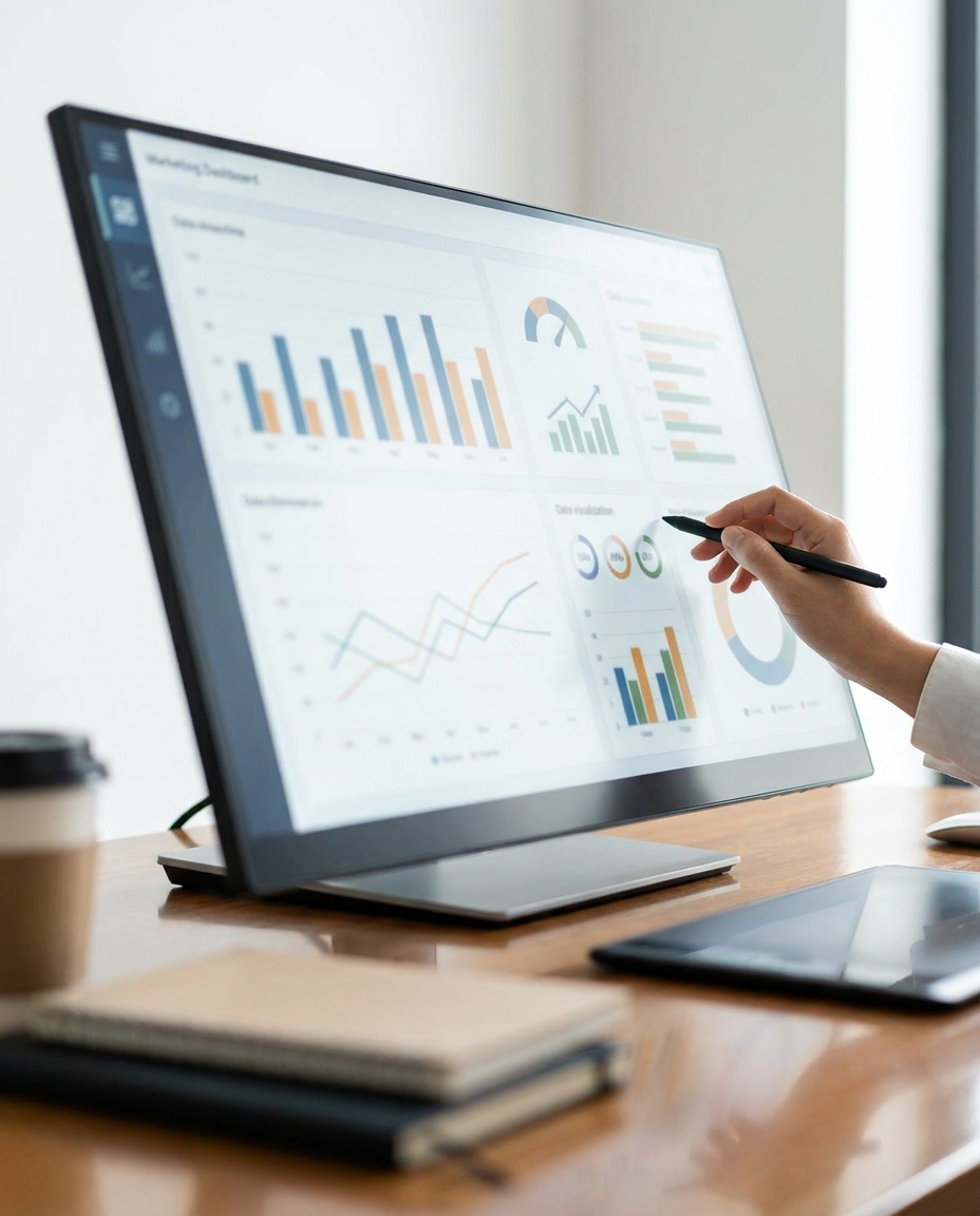 O persoană arată cu degetul spre grafice și diagrame afișate pe un monitor mare de computer, având lângă ea, pe biroul din lemn, un caiet, un stilou, o ceașcă de cafea și o tabletă.
