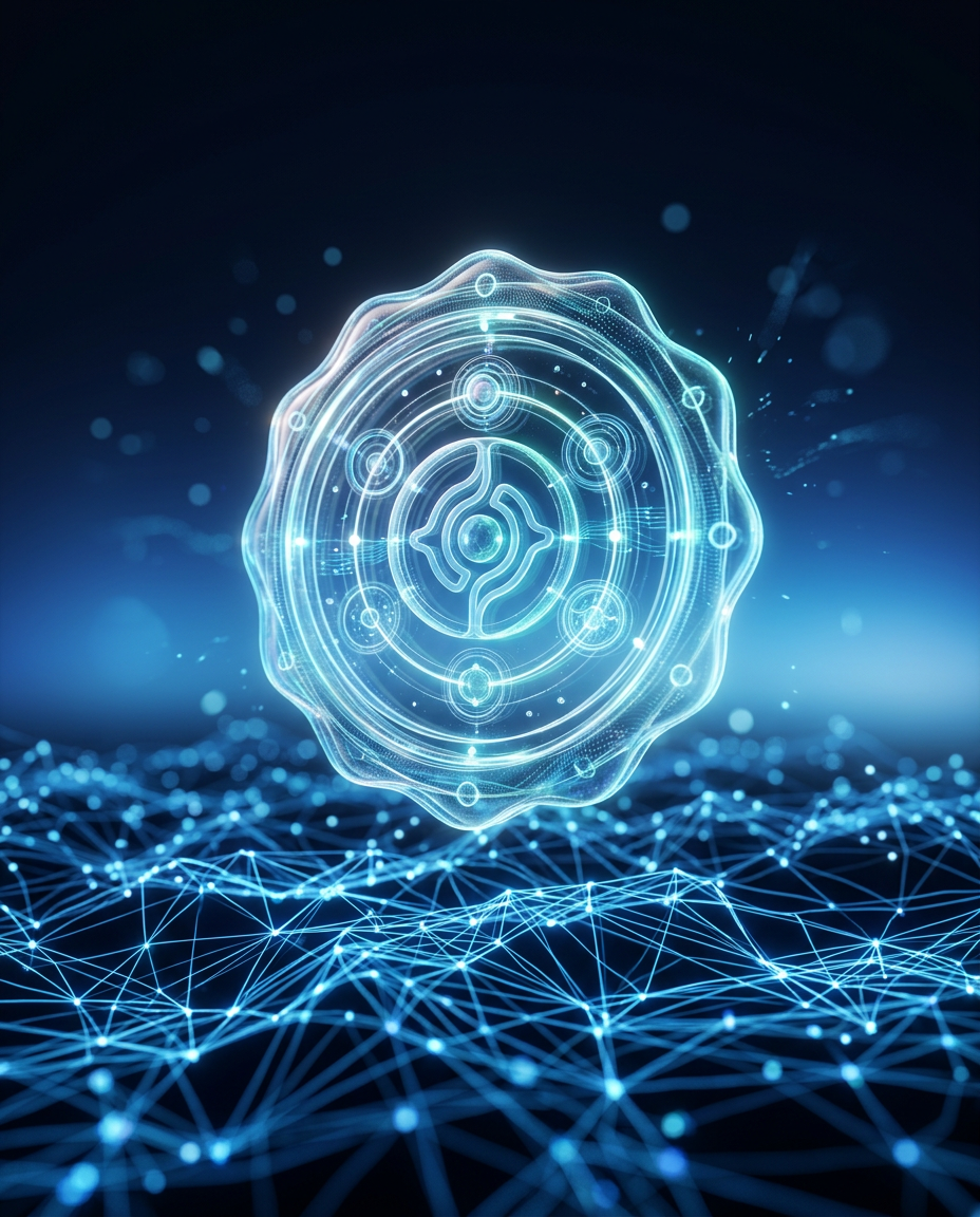 Un simbol digital luminos al tehnologiei blockchain plutește deasupra unei rețele de noduri și linii albastre interconectate, reprezentând tehnologia avansată și schimbul securizat de date.
