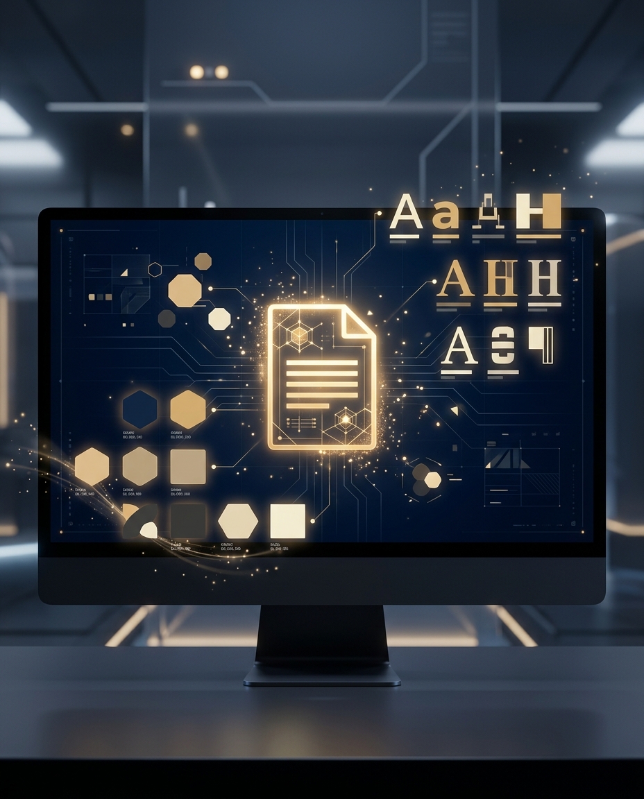 Pe ecranul unui monitor de computer se afișează pictograme digitale luminoase, printre care un document, forme geometrice și diverse stiluri de fonturi, pe un fundal futurist, de înaltă tehnologie, într-o cameră slab iluminată.