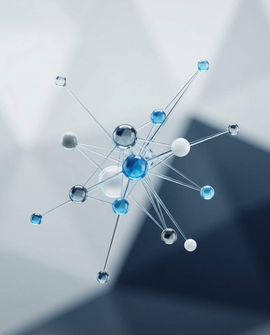 O reprezentare 3D a unui model molecular format din sfere albastre, albe și gri, legate între ele prin tije subțiri, care reprezintă atomii și legăturile, pe un fundal estompat, geometric, de culoare gri deschis.