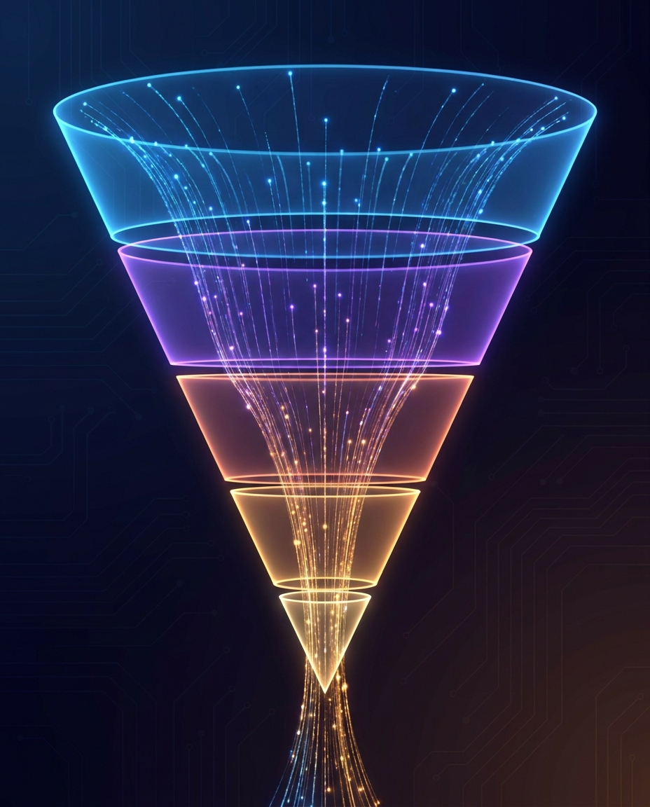 O pâlnie digitală strălucitoare, cu secțiuni colorate dispuse în straturi și dâre de lumină sclipitoare care curg în jos, pe un fundal întunecat cu modele subtile de circuite.