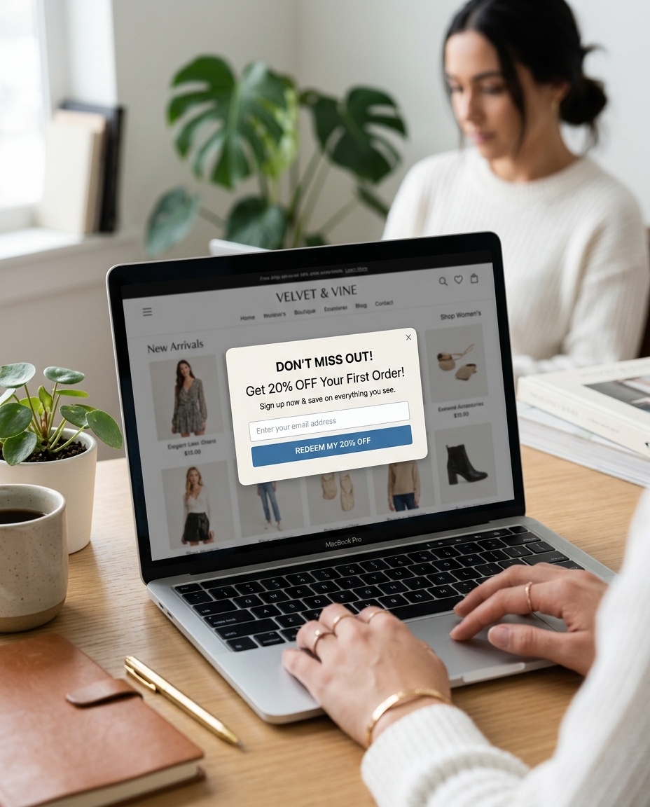 O persoană folosește un laptop pe care se afișează un magazin online de haine, cu o fereastră pop-up care oferă o reducere de 20% la prima comandă; în fundal, la o masă, se vede o altă persoană, cu imaginea estompată.