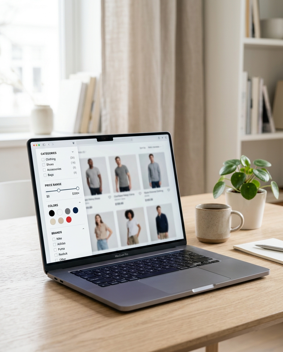 Pe un birou din lemn se află un laptop pe care este afișat un magazin online de îmbrăcăminte, cu opțiuni de filtrare și imagini ale produselor. În apropiere se află un caiet, un stilou, o cană și o plantă în ghiveci. În fundal se văd rafturi și perdele.