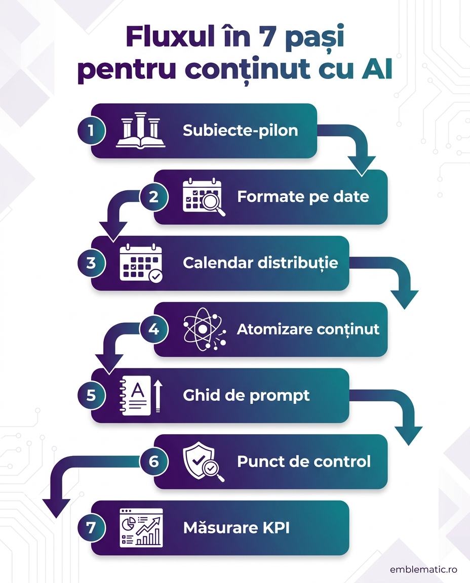 Infografic: fluxul în 7 pași pentru strategia de conținut cu AI