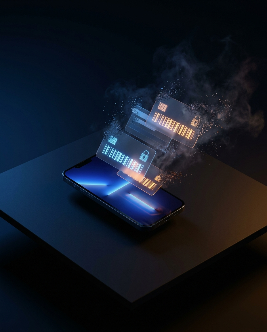 Un smartphone afișează carduri de credit digitale luminoase, cu coduri de bare și pictograme de blocare, care simbolizează plățile online sigure, pe un fundal întunecat și futurist, cu efecte de lumină albastre și portocalii.