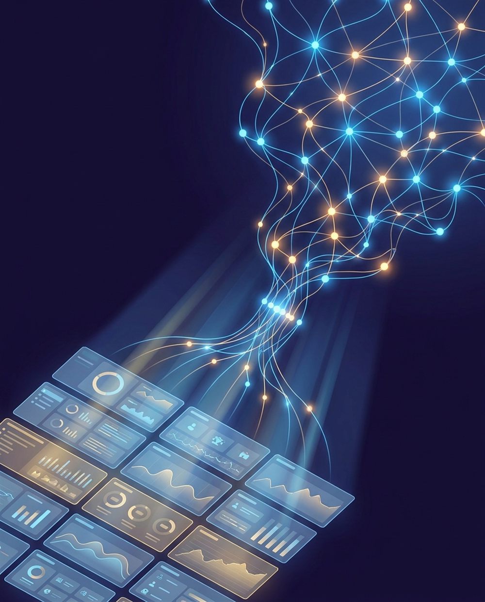 O rețea neuronală formată din noduri luminoase se conectează la panouri digitale plutitoare care afișează diagrame și grafice pe un fundal întunecat, simbolizând procesarea datelor și analiza bazată pe inteligența artificială.