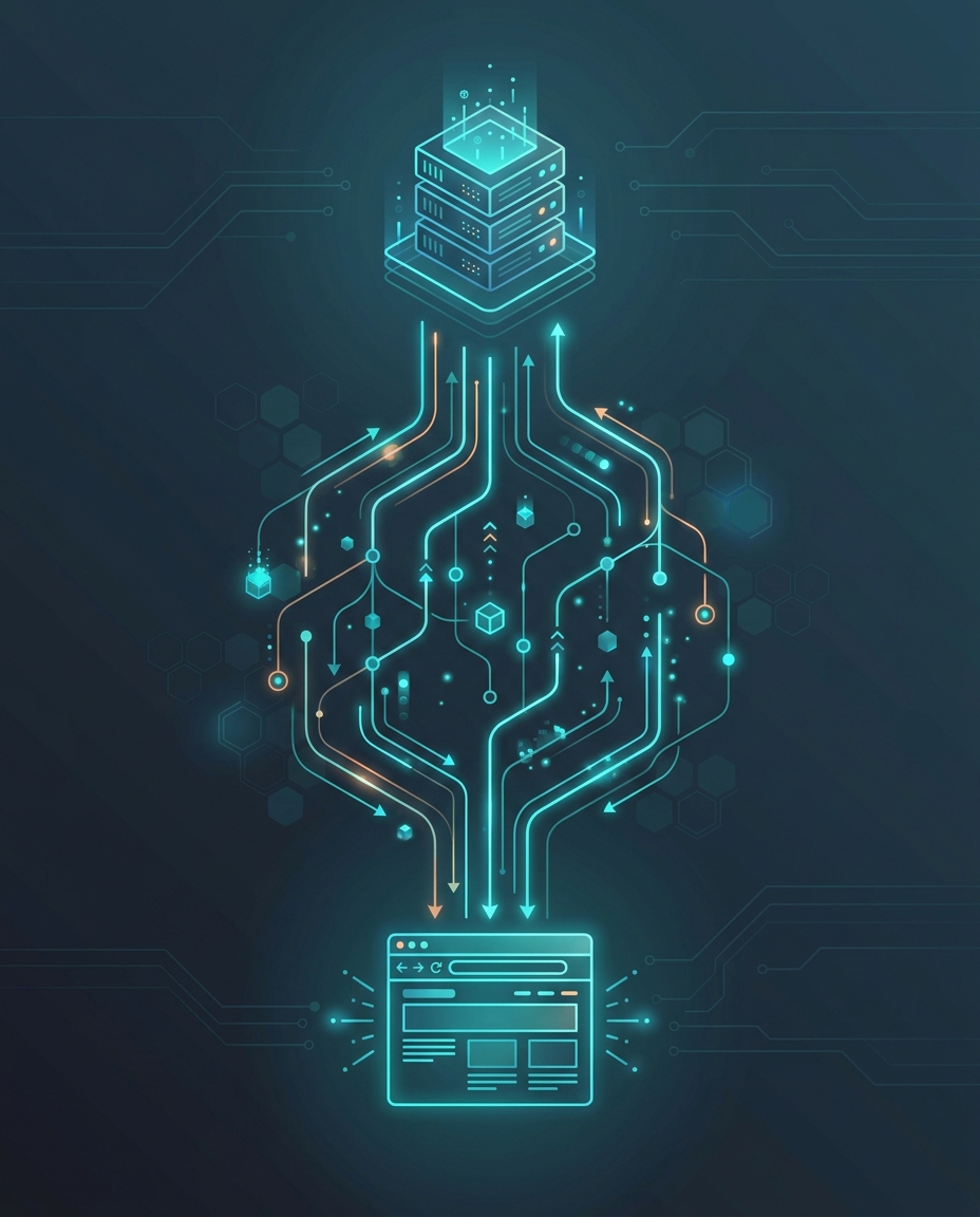 O ilustrație digitală strălucitoare prezintă date care curg dintr-un ansamblu de servere futurist, situat în partea de sus, către o interfață stilizată de pagină web, situată în partea de jos, cele două fiind conectate prin linii de neon ramificate și modele de circuite pe un fundal întunecat.