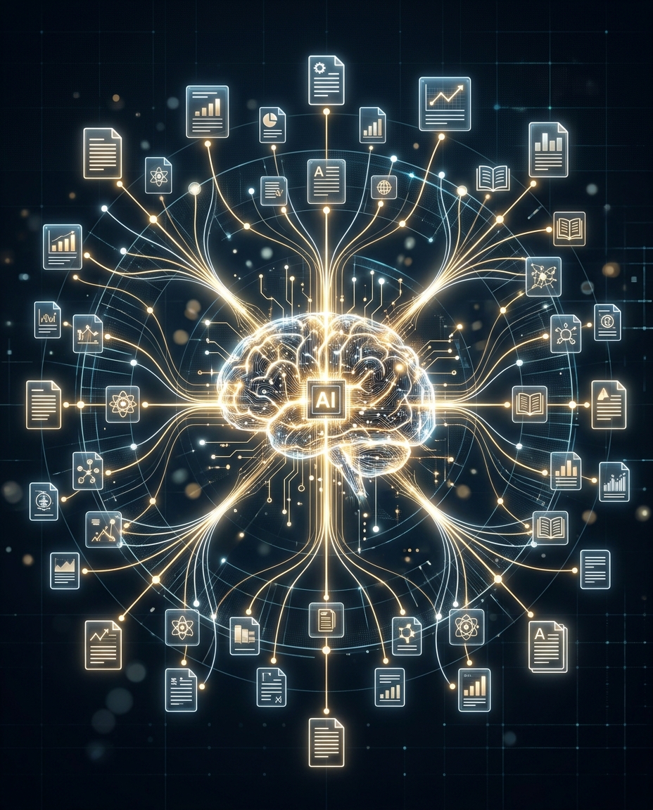 Ilustrație reprezentând un creier luminos, cu inscripția „AI” în centru, înconjurat de numeroase pictograme digitale legate între ele prin linii, care simbolizează inteligența artificială în timp ce analizează și prelucrează diverse tipuri de date și informații.