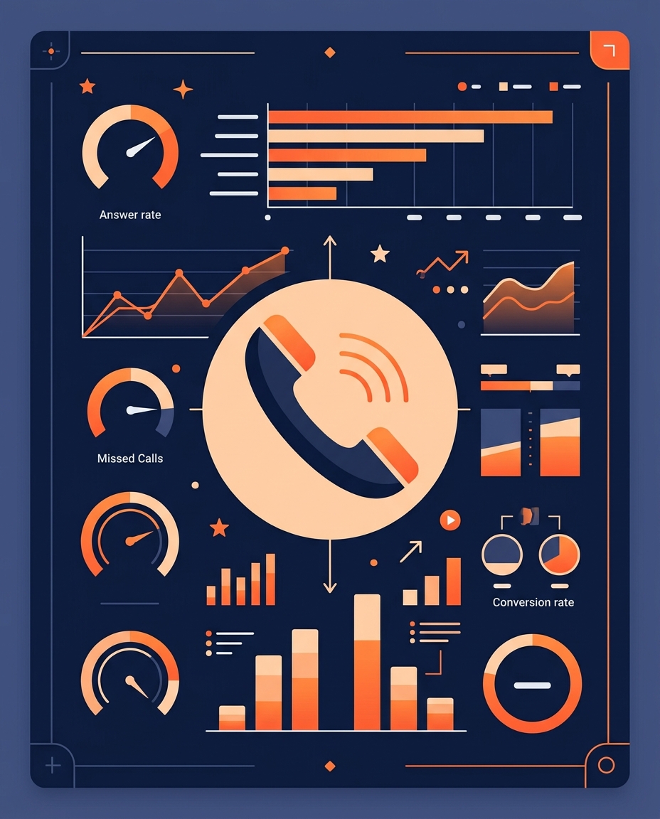 O infografică stilizată cu tabele, grafice și o pictogramă mare reprezentând un telefon în centru, care prezintă date privind ratele de răspuns, apelurile pierdute și ratele de conversie, realizată în nuanțe de portocaliu și albastru.