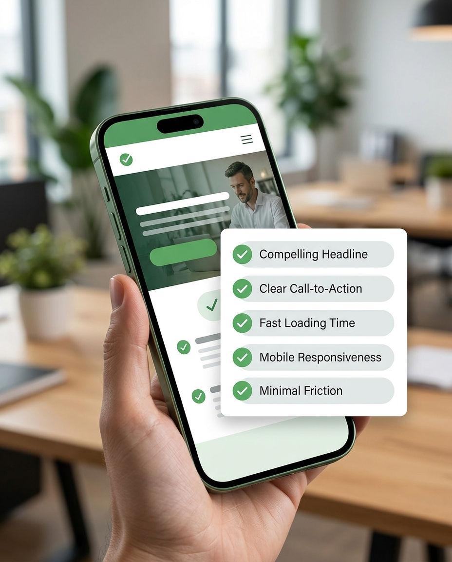 O persoană ține în mână un smartphone pe care se afișează o listă de verificare cu următoarele elemente: titlu captivant, îndemn clar la acțiune, timp de încărcare rapid, adaptabilitate la dispozitive mobile și fricțiune minimă. În fundal se vede, estompat, un decor de birou.