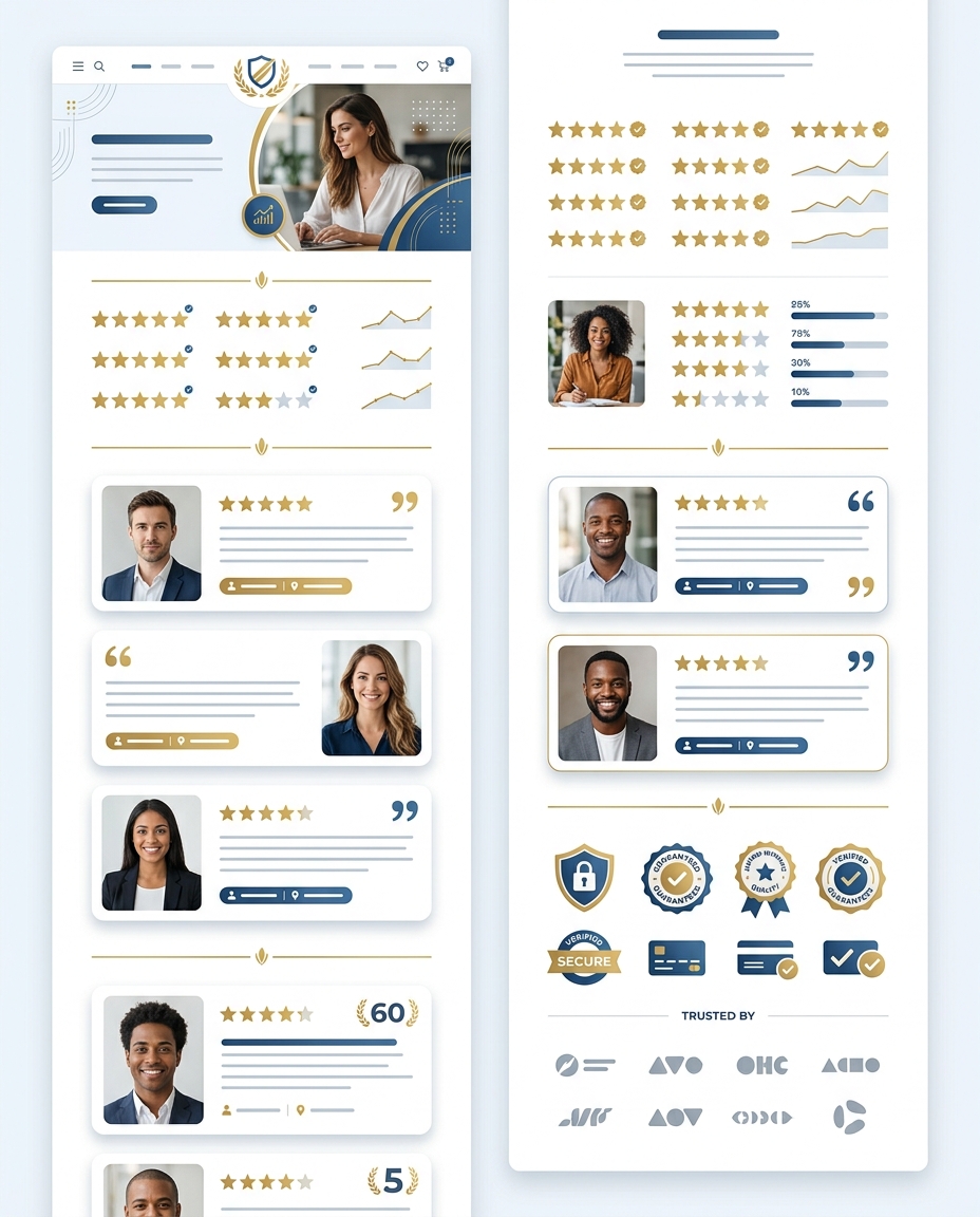 Interfața unui site web afișează profilurile utilizatorilor, incluzând fotografii de profil, evaluări cu stele, diagrame cu bare, insigne, pictograme și carduri cu recenzii. Designul folosește culorile albastru, auriu și alb și include, în partea de jos, logo-uri care simbolizează securitatea și încrederea.