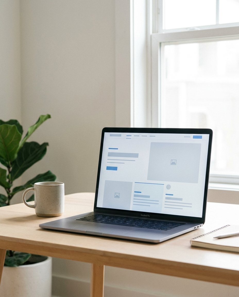 Design de site consecvent pe un laptop, spatiu de lucru minimalist