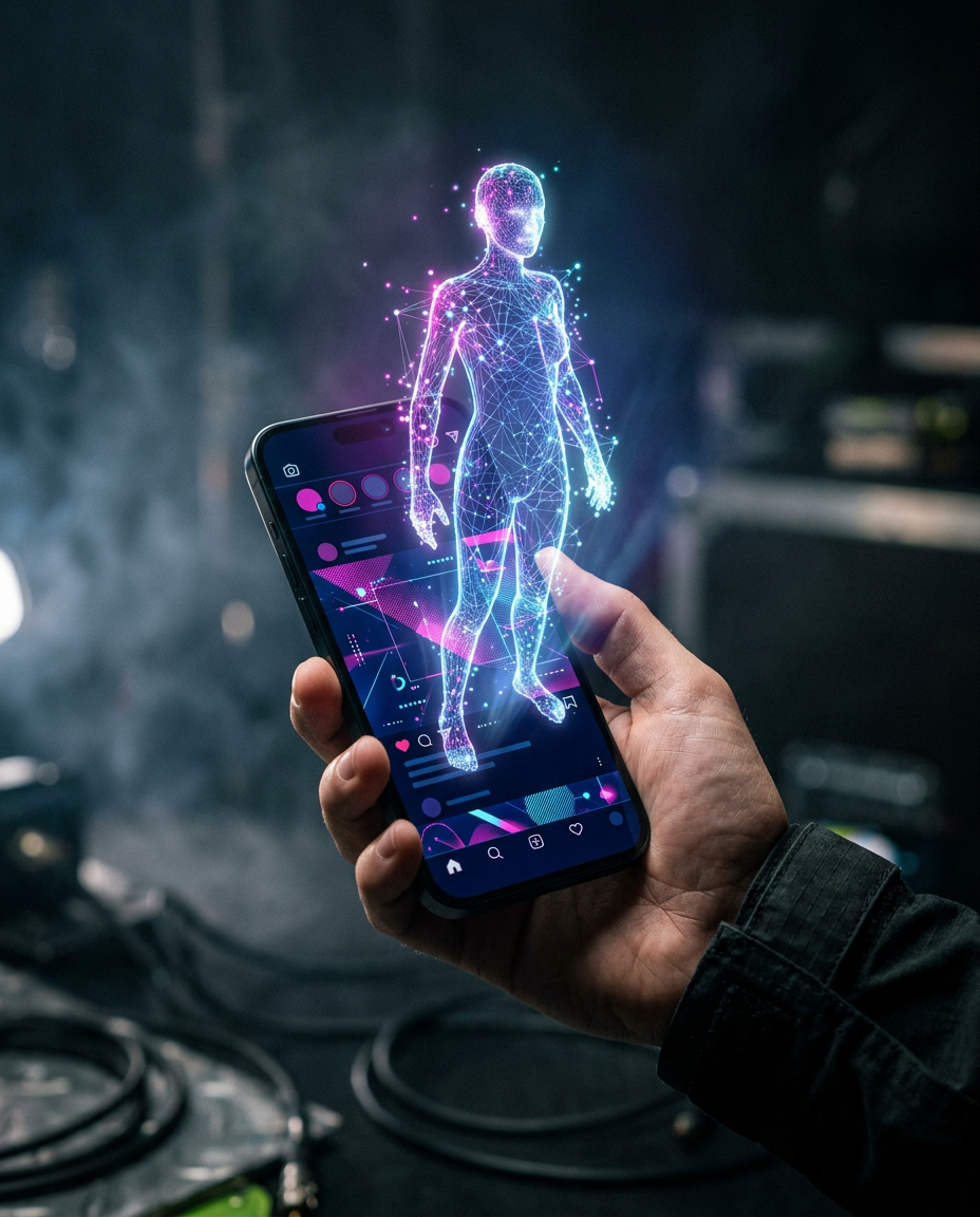 O persoană ține în mână un smartphone pe ecranul căruia se vede o siluetă umană holografică strălucitoare, formată din linii și puncte digitale, care pare să plutească deasupra ecranului într-un decor întunecat, de înaltă tehnologie.