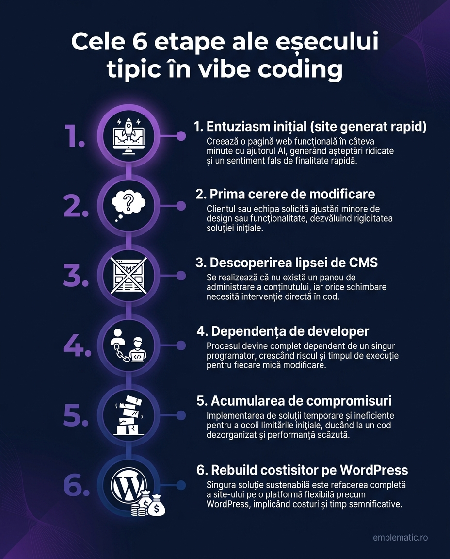 Cele șase etape ale eșecului tipic al site-urilor construite cu vibe coding