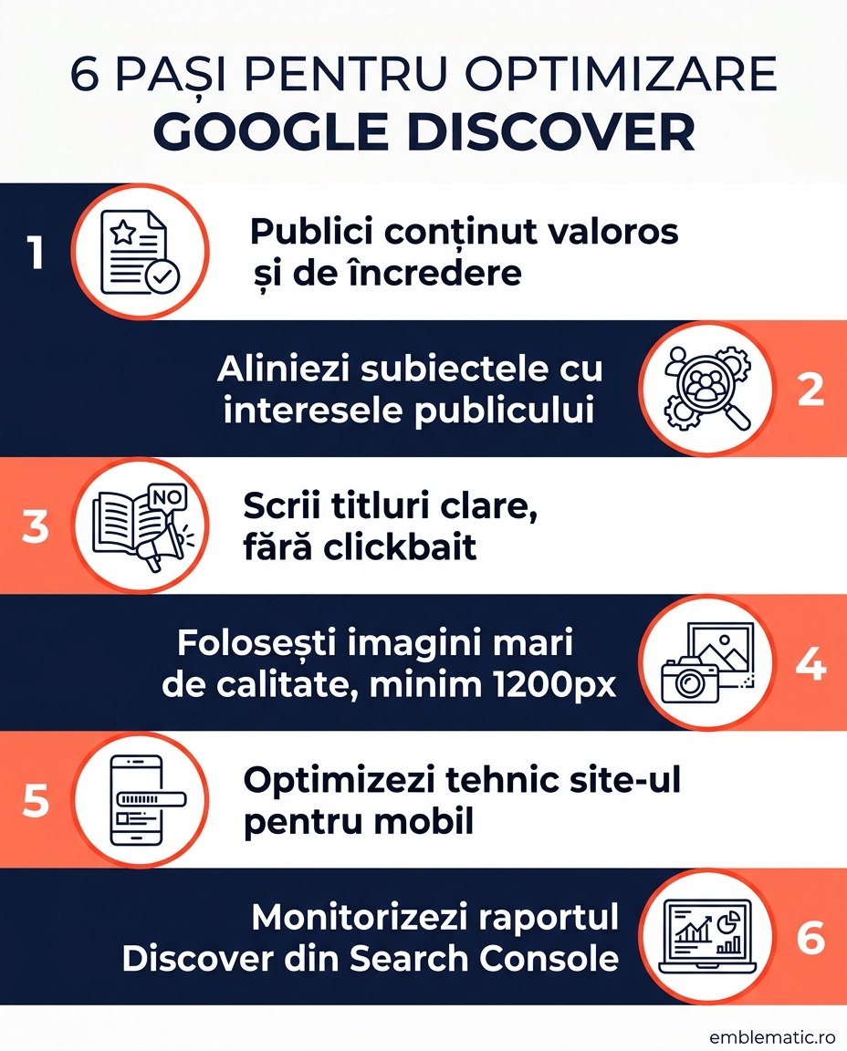 Infografic cu cei 6 pași pentru optimizare Google Discover