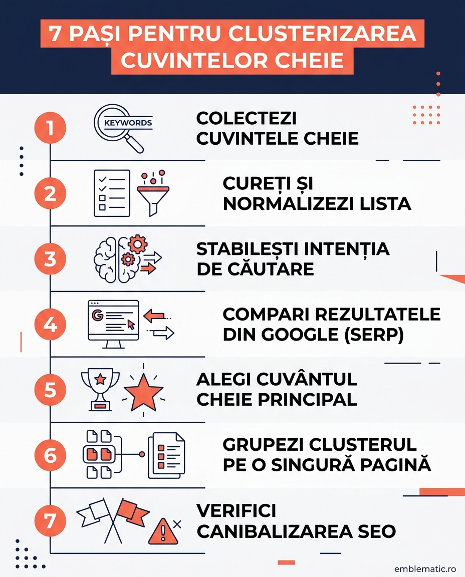 Infografic cu cei 7 pași pentru clusterizarea cuvintelor cheie în SEO