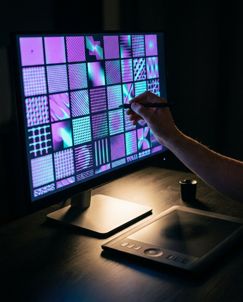 O persoană folosește un stilou pe o tabletă grafică, selectând modele digitale în nuanțe intense de violet pe ecranul unui computer, într-un spațiu de lucru slab iluminat.