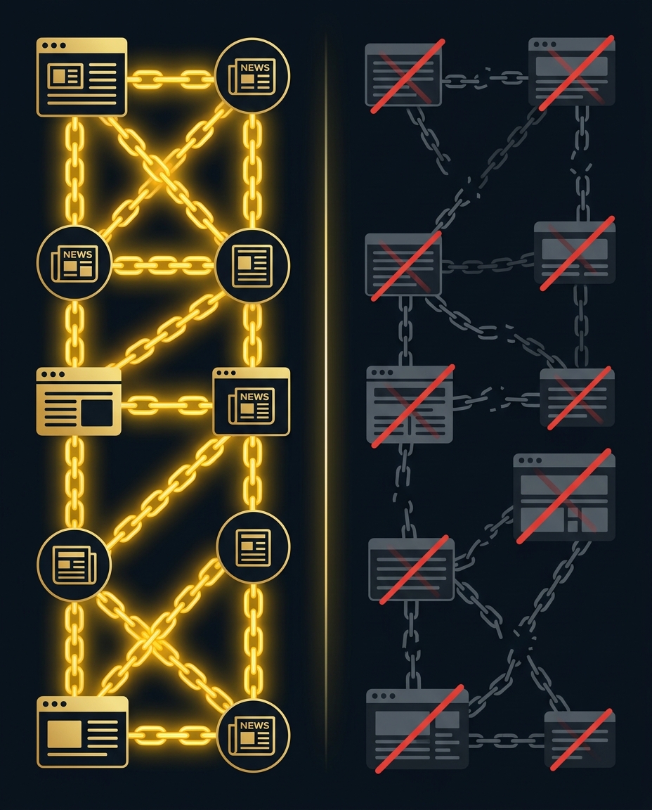 O diagramă compară două sisteme: în partea stângă, lanțuri galbene strălucitoare leagă site-urile de știri; în partea dreaptă, lanțurile gri dintre site-uri sunt întrerupte și tăiate cu roșu, sugerând o pierdere a conectivității sau a încrederii.