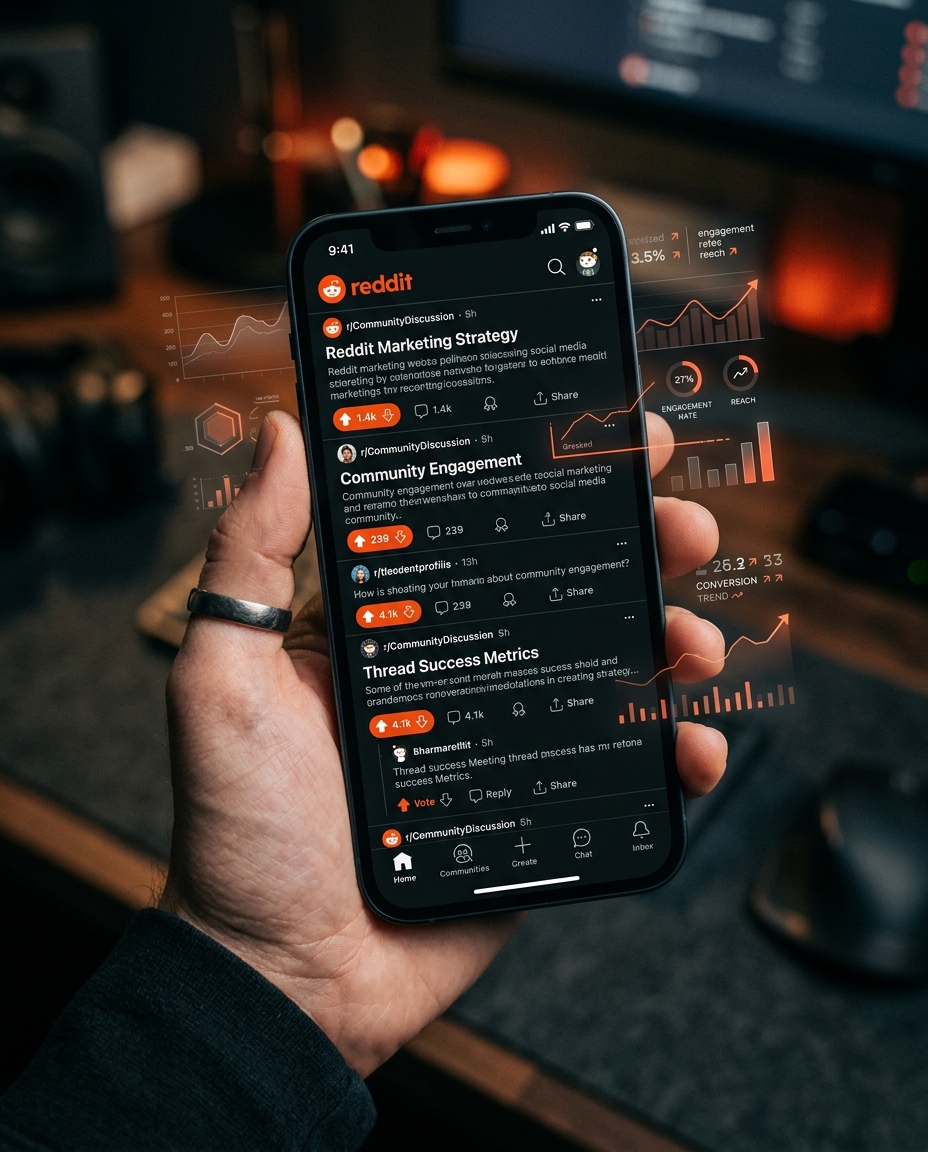 O persoană ține în mână un smartphone pe care se afișează un flux de pe Reddit despre strategii de marketing, implicare și indicatori de succes, cu diagrame și grafice digitale suprapuse, sugerând o analiză a datelor sau o analiză a rețelelor sociale.
