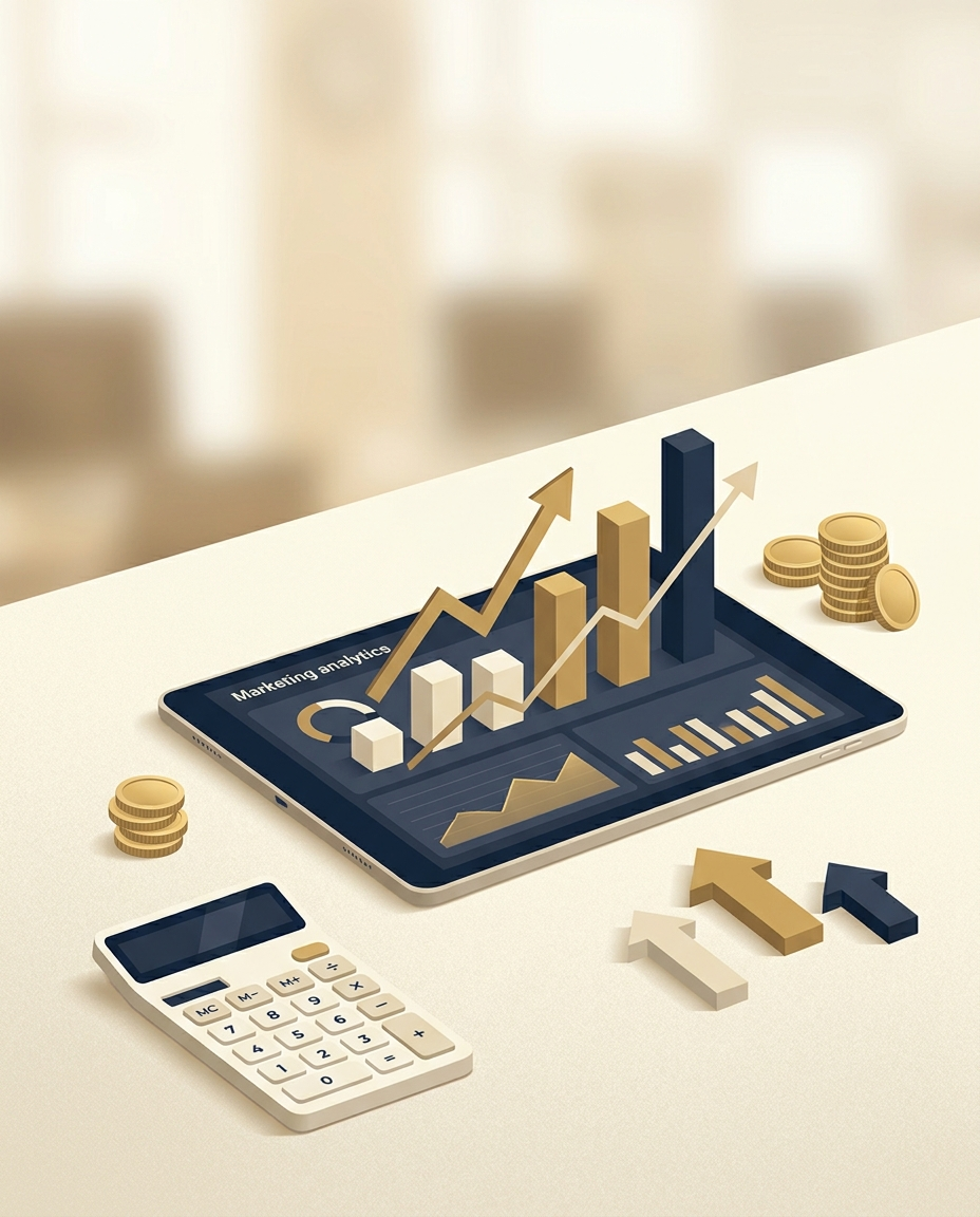 O tabletă afișează grafice de analiză de marketing, înconjurate de un calculator, monede și pictograme cu săgeți 3D, ilustrând creșterea financiară și analiza datelor.