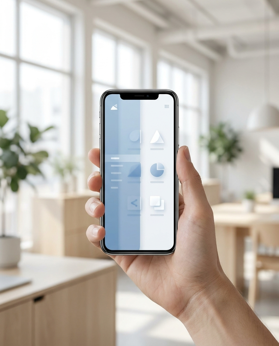 O mână ține un smartphone pe care se vede interfața minimalistă a unei aplicații, cu grafice și pictograme, într-un birou luminos și modern, cu ferestre mari și plante.