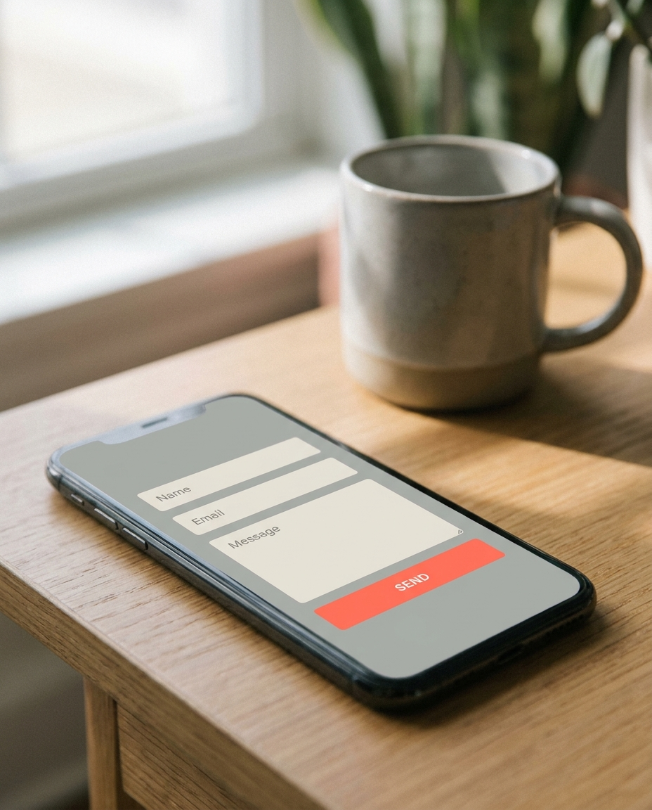 Un smartphone pe care se afișează un formular de contact cu câmpuri pentru nume, adresă de e-mail, mesaj și un buton roșu „Trimite” se află pe o masă de lemn, lângă o cană de ceramică.