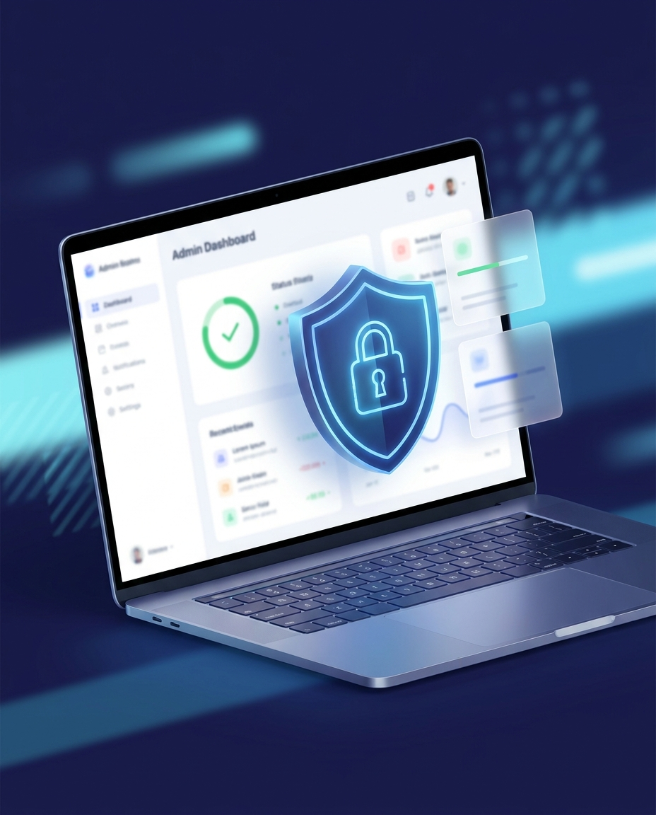 Un laptop pe ecranul căruia se afișează un panou de control pentru administratori, cu un scut digital luminos și o pictogramă în formă de lacăt suprapuse, simbolizând securitatea cibernetică și protecția datelor.